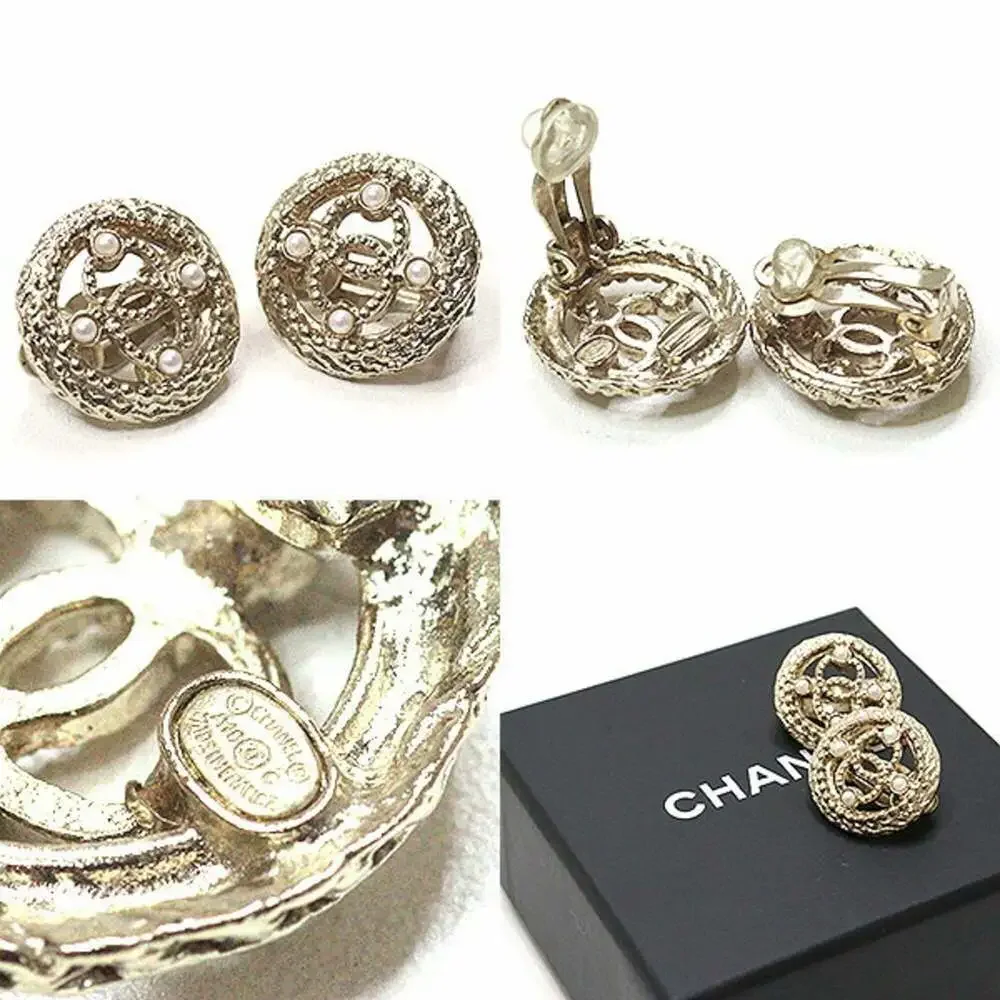 CHANEL Gold Pearl Logo Earrings